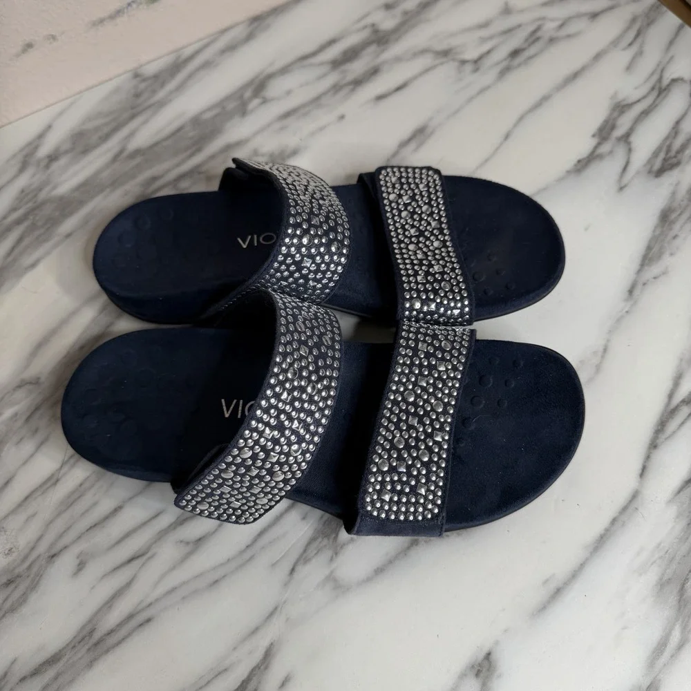 Vionic Samoa Double Strap Slide Sandals Sz 7 Blue Studded Suede Leather Comfort